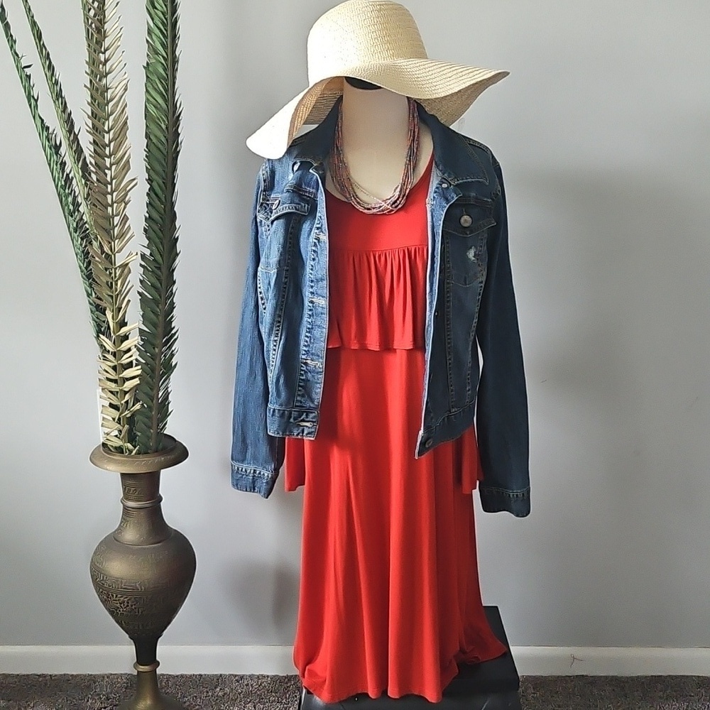 Watermelon Rust Color Cold Shoulder Dress with Ruffle - Picture 2 of 12